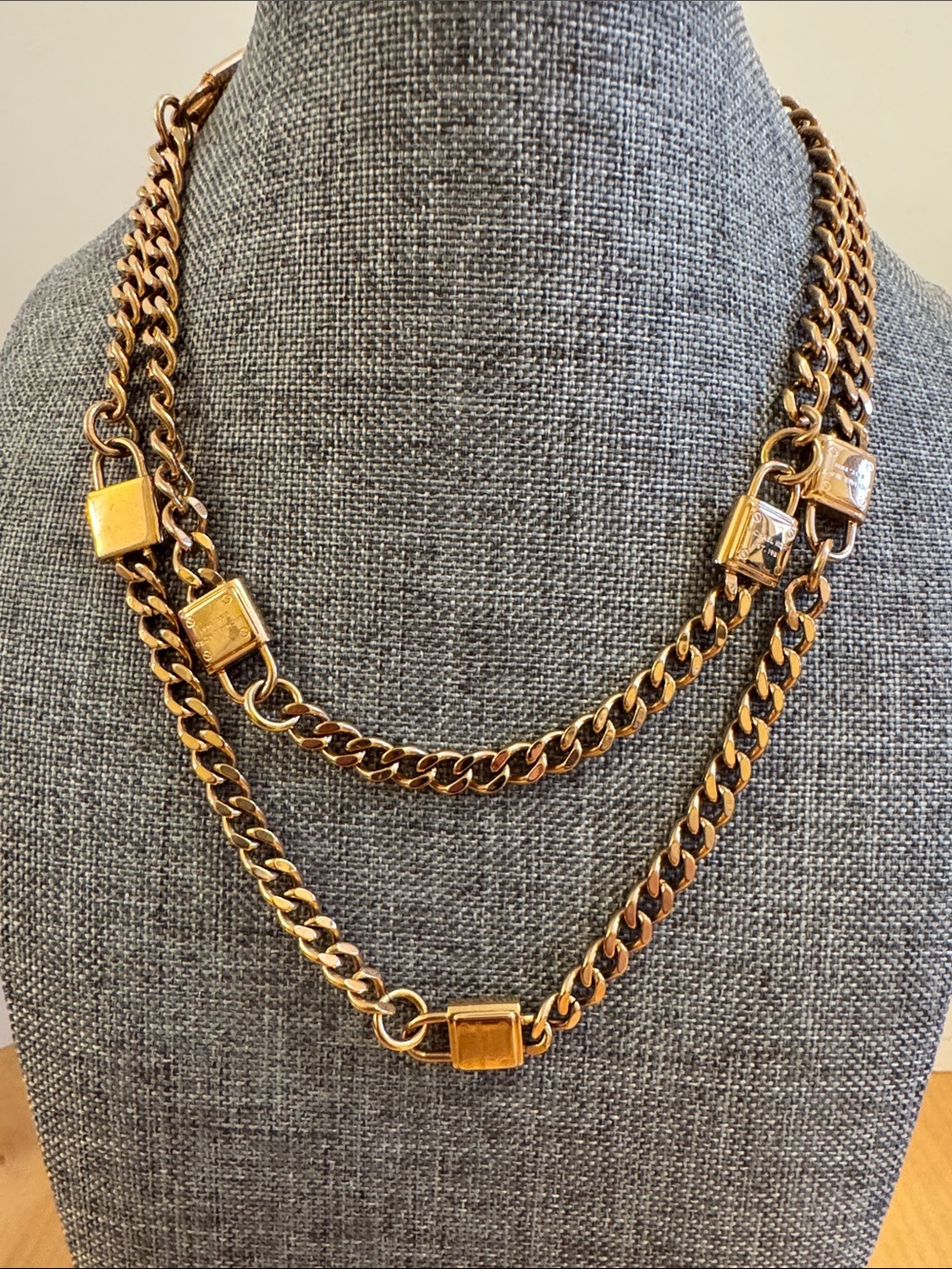 Michael Kors rose tone Cuban chain link necklace w/padlock station accents